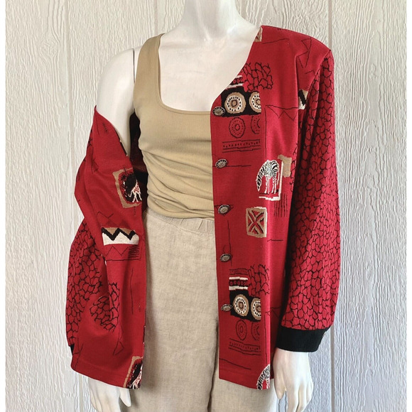 Peter Popovitch Cardigan Womens L Art to Wear Eccentric Zebra Safari Giraffe Red - Picture 5 of 16